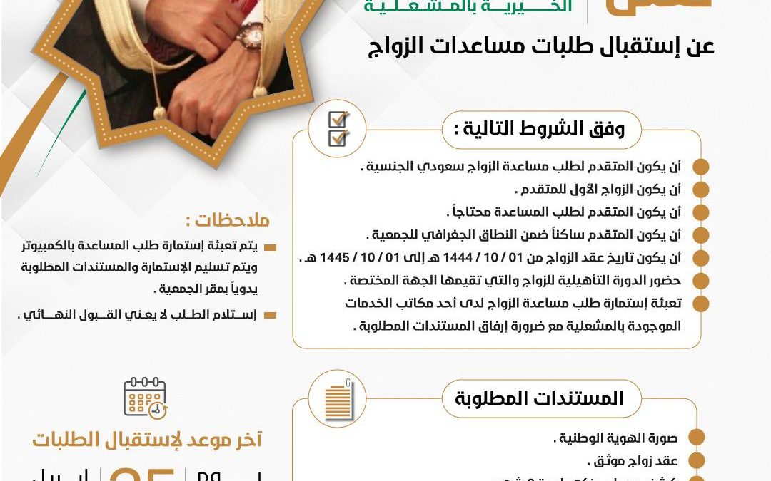 جمعية البر الخيرية بالمشعلية تعلن عن بدء إستقبال طلبات مساعدات الزواج للعام الحالي 1445 هـ
